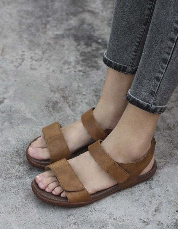 Sandales En Cuir Souple Velcro Confortables Faites À La Main