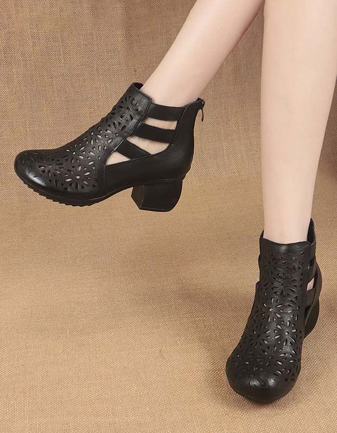 Sandales À Talons Épais En Cuir Rétro Faites À La Main